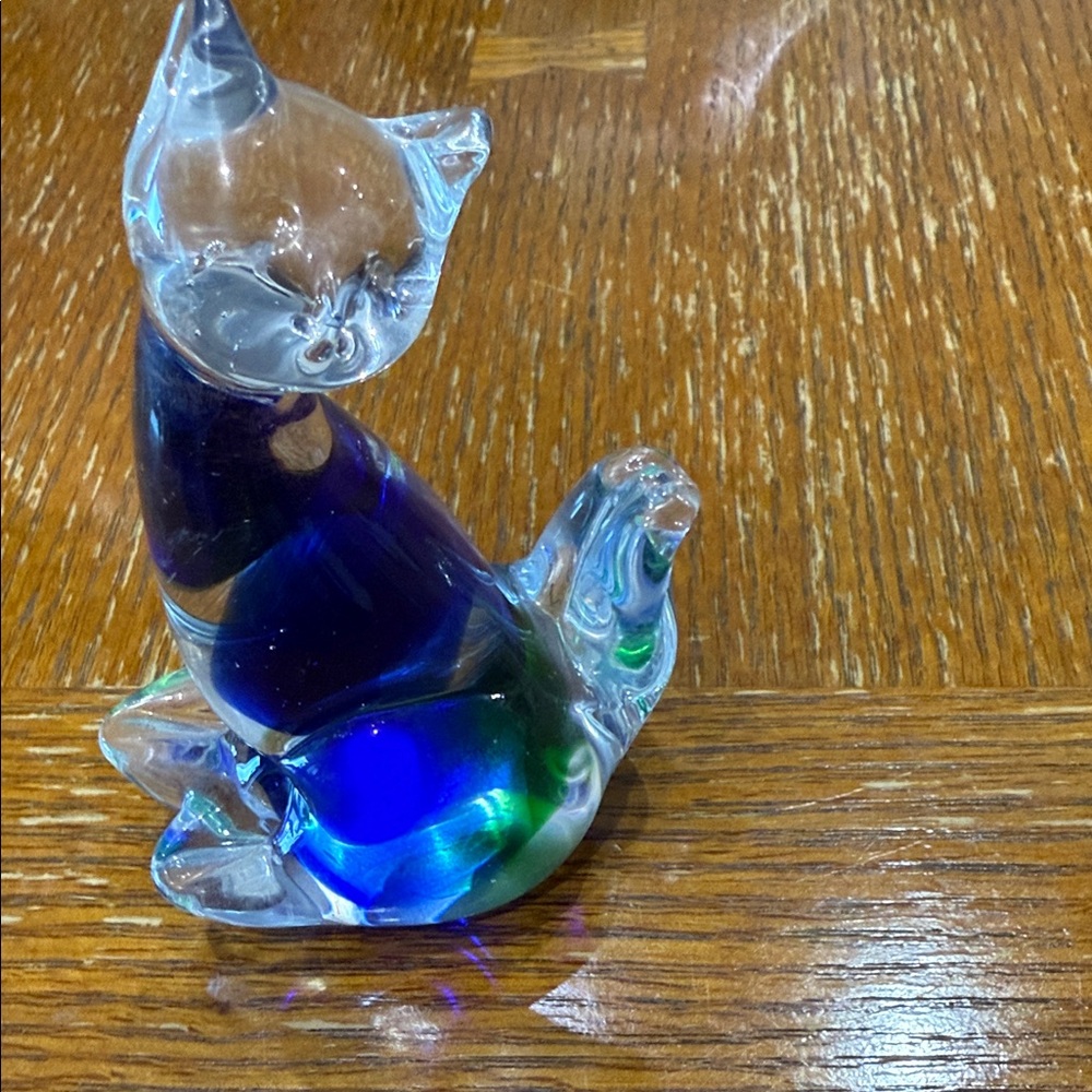 Glass Cat Figurine with Blue and Green Accents